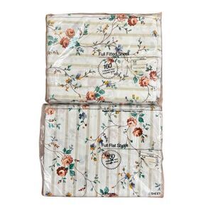 JCPenney Vintage Susan Striped Floral Full Size Fitted & Flat Sheet Set NEW